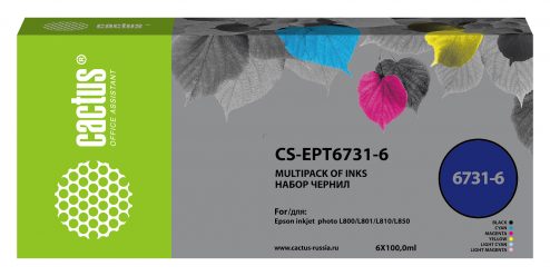 Чернила Cactus CS-EPT6731-6 черный/голубой/пурпурный/желтый/светло-голубой/светло-пурпурный набор 6×100мл для Epson L800/L810/L850/L1800