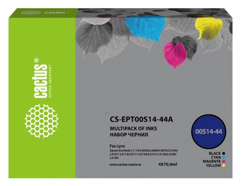 Чернила Cactus CS-EPT00S14-44A голубой/пурпурный/желтый/черный набор 4×70мл для Epson L1110 Ecotank/L3100/L3101/L3110/L3150/L3151