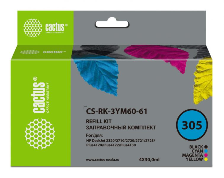 Заправочный набор Cactus CS-RK-3YM60-61 №305 многоцветный 4×30мл для HP DeskJet 2710/2120/2721/2722