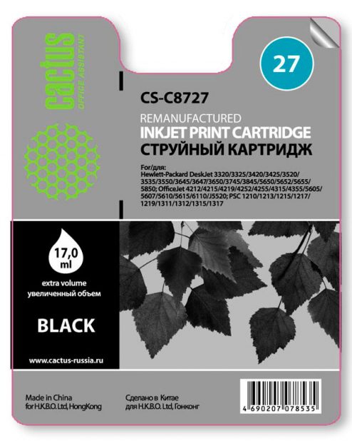 Картридж струйный Cactus CS-C8727 черный для №27 HP DeskJet 3320/3325/3420/3425/3520 (20ml)
