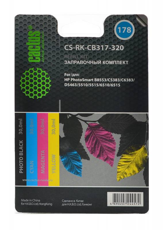 Заправочный набор Cactus CS-RK-CB317-320 цветной (4×30мл) HP PhotoSmart B8553/C5383/C6383/D5463/5510
