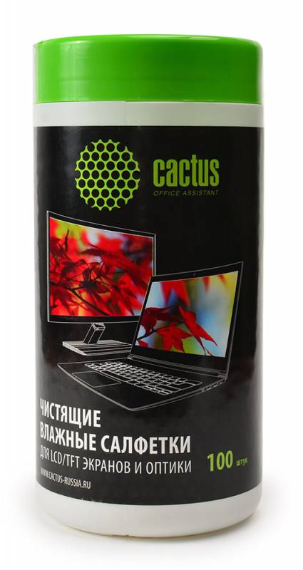 Салфетки Cactus CS-T1001 Туба с чистящими салфетками для экранов и оптики, 100 шт