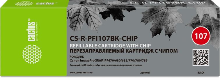 Картридж ПЗК струйный Cactus CS-R-PFI107BK-CHIP (260мл) для Canon imageProGRAF iPF670/680/685/770/78